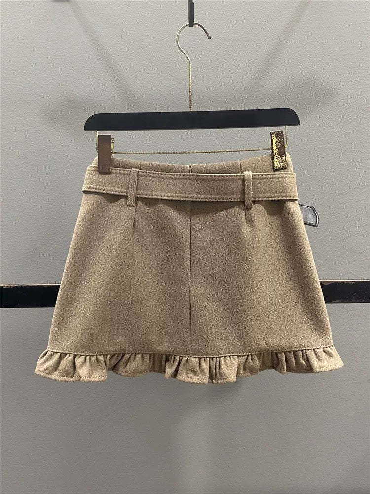 Retro-style wool midi skirt with ruffled trim, new autumn/winter 2025 style, youthful, slimming, sexy, bodycon A-line mini skirt