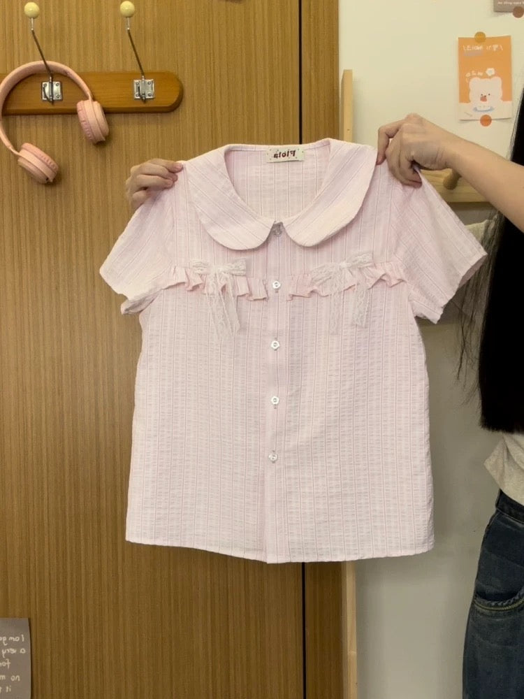 Creamy Universe: Pink Peter Pan Collar Shirt with Lace Bow, Short Sleeve, Sweet and Girlish Style