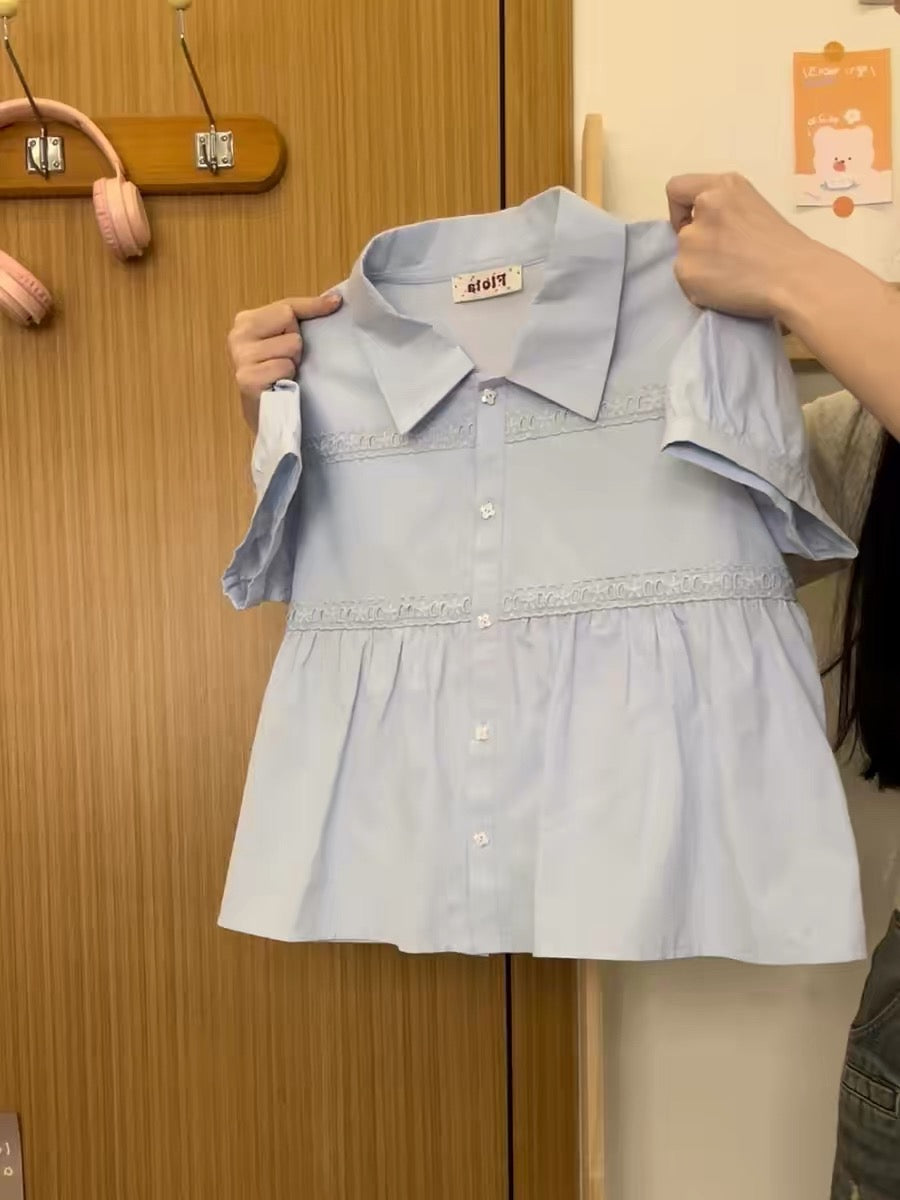 Creamy Universe Button Lace Trim Polo Collar Babydoll Shirt Short Sleeve Women's Fresh Blue Shirt Top