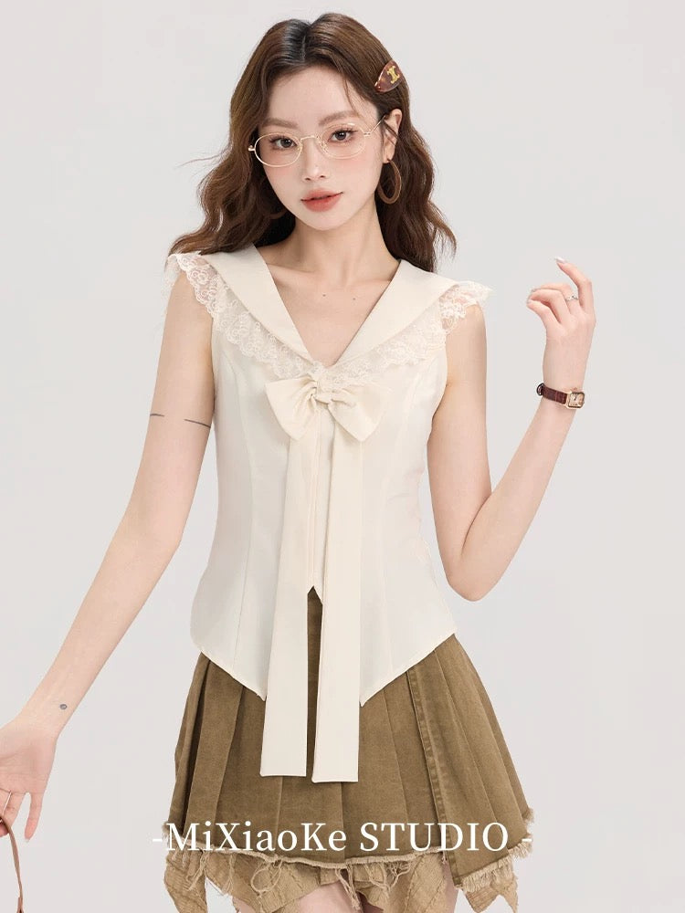 Mi Xiaoke lace navy collar sleeveless shirt for women in summer retro college style slim fit split short top