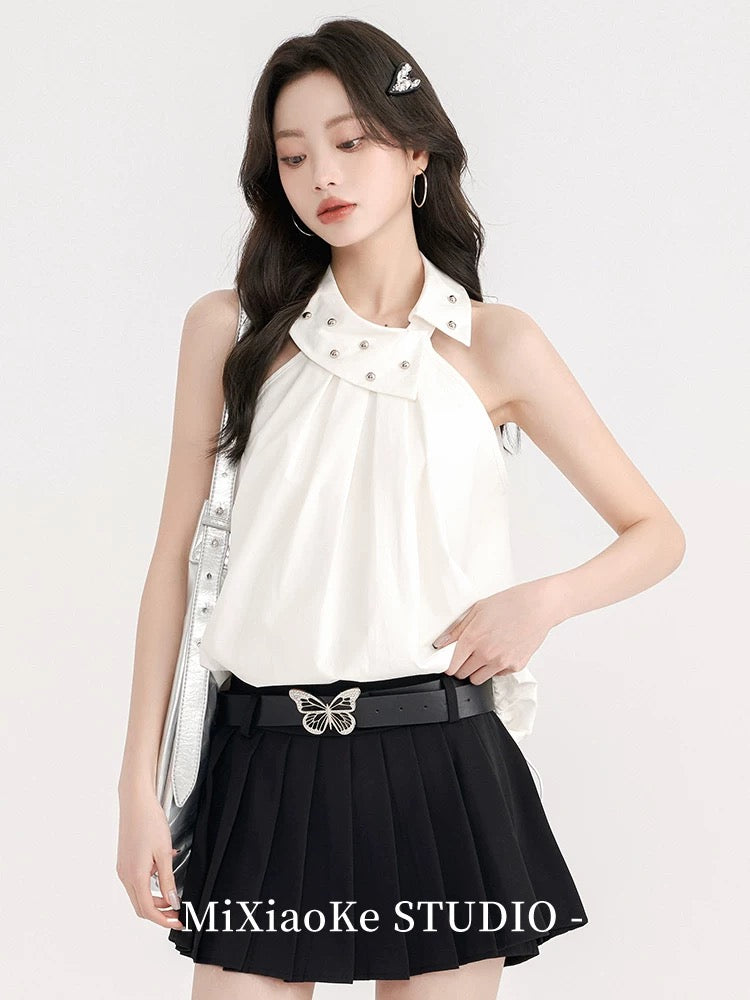 Mi Xiaoke American hottie white halter neck sleeveless vest suspenders female early spring design small short top