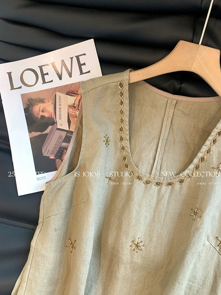 Old money style beaded U-neck linen vest for women 2025 summer new style unique fashionable slimming all-match tops