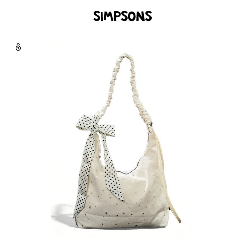 SIMS Original Girly Star Polka Dot Shoulder Bag for Women, Black with Bow, Unique Design, Large Capacity Hobo Bag