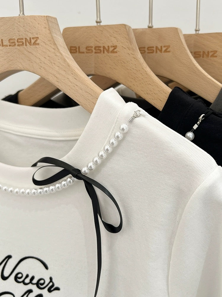 White round neck pure cotton right shoulder short-sleeved T-shirt for women summer 2024 new half-sleeved T-shirt bow short top