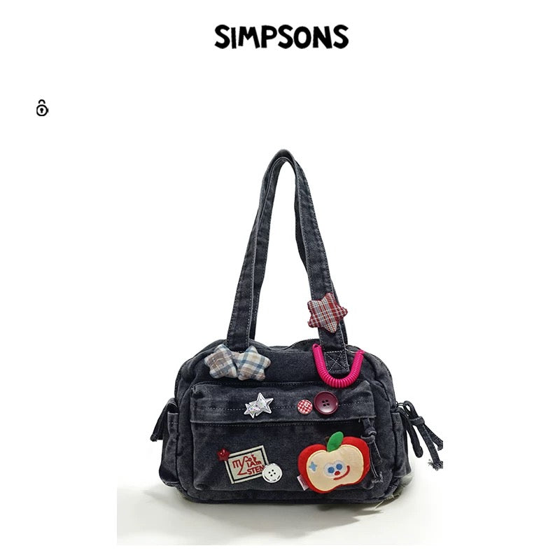 SIMS Original Retro Denim Boston Ita Bag for Women, Large Capacity Bag with Journal Style, Cute Cartoon Shoulder Bag