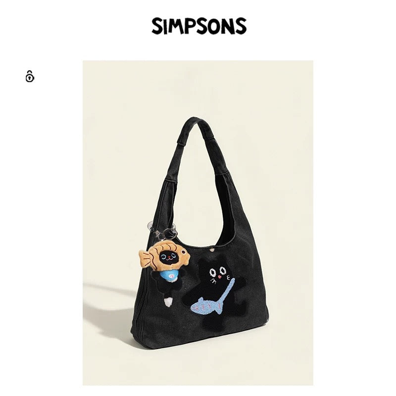 SIMS Original Spring/Summer Denim Shoulder Bag for Women, Cute Puppy Appliqué, Large Capacity, Commuter & Everyday Handbag Tote Bag