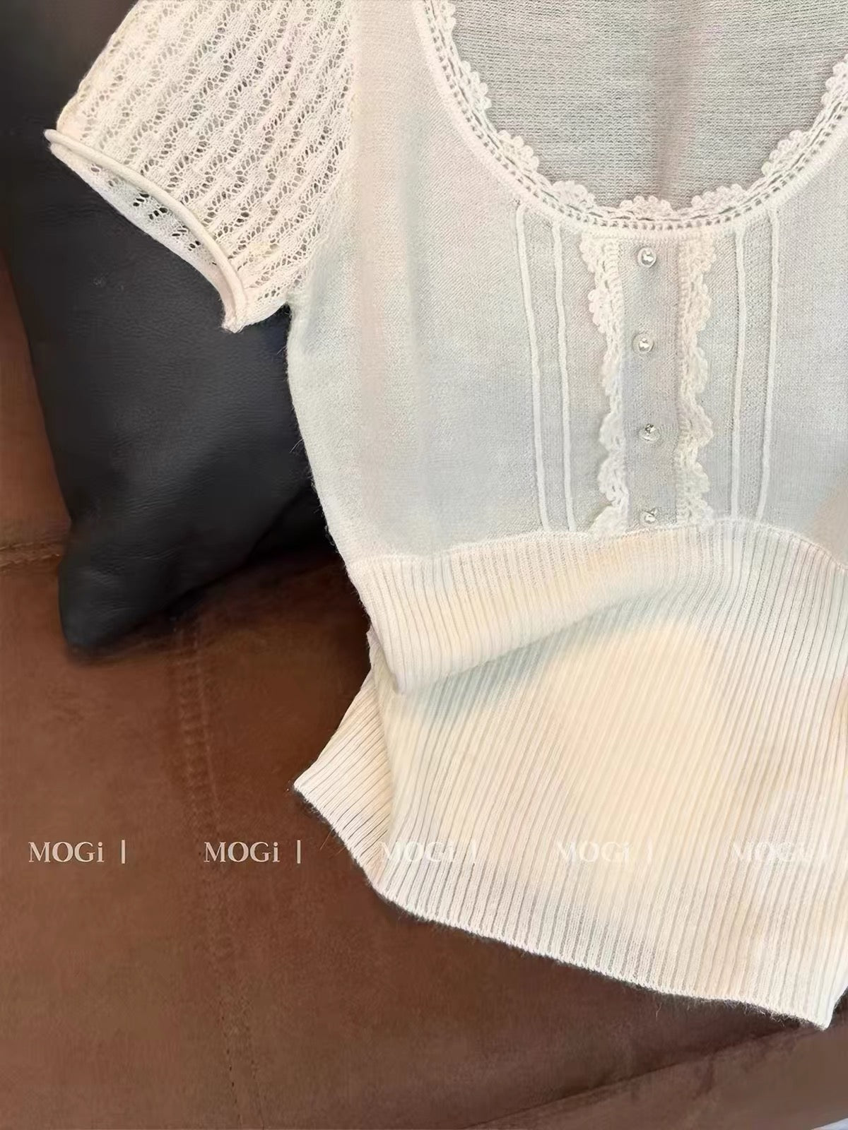 French-style U-neck lace-trimmed knit short-sleeve top for women—a new Spring/Summer arrival featuring a sophisticated, slim-fit, and versatile design that exudes an elegant yet alluring charm.