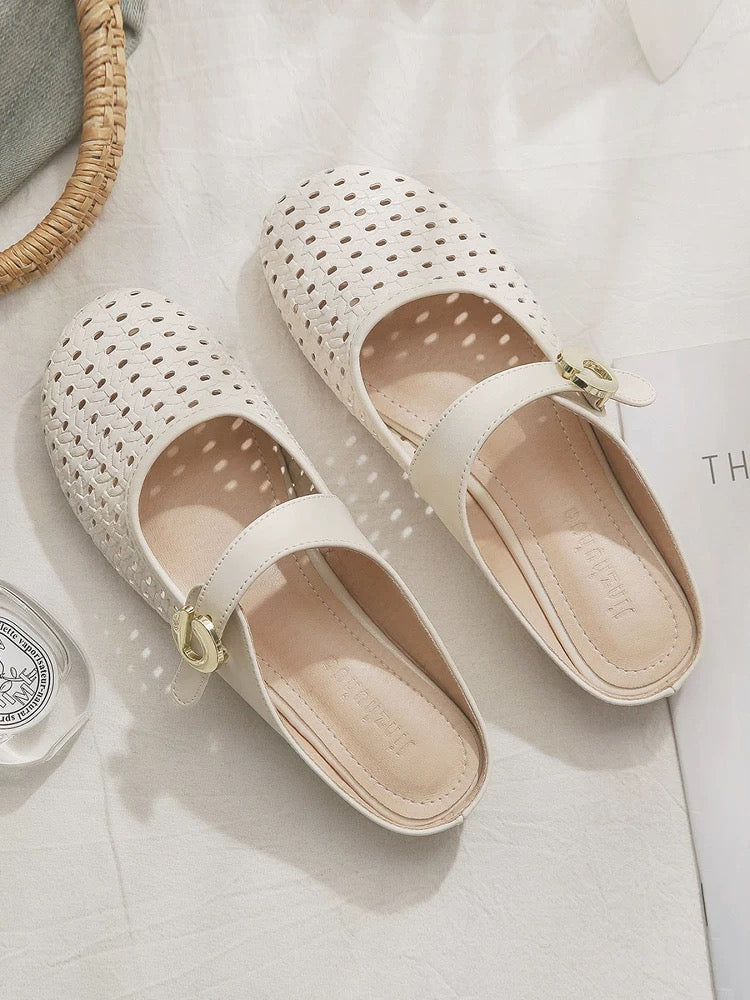 Sheepskin version~ One-step lazy hollow French style flat-bottomed half-slippers with skirt for women to wear outside in summer