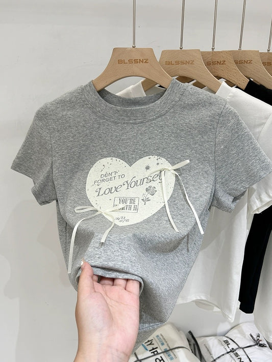 Pure cotton printed gray right shoulder short-sleeved T-shirt for women summer 2024 new design bow slim fit trendy top