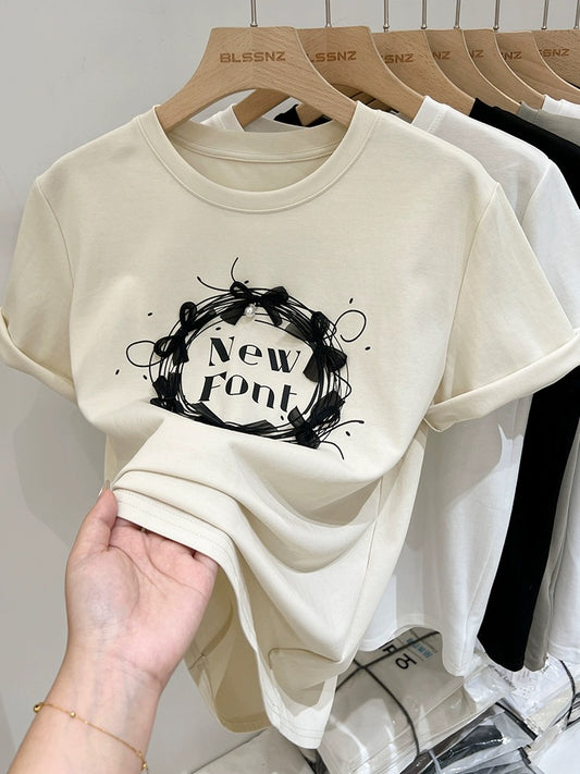 Apricot printed pure cotton right shoulder short-sleeved T-shirt for women summer 2024 new style bow loose short top T-shirt