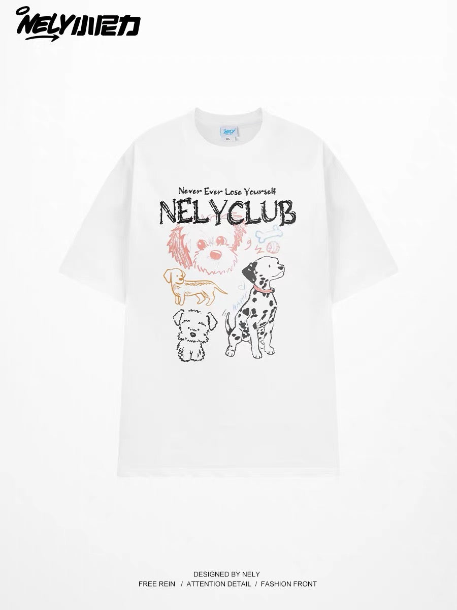 Unisex Loose-Fit Crew-Neck T-Shirt with Puppy & Letter Print – Casual, Versatile, and Flattering Basic Short-Sleeve Tee for Students