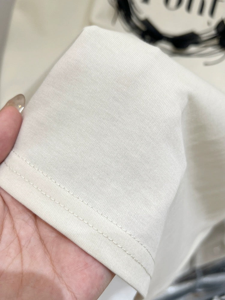 Apricot printed pure cotton right shoulder short-sleeved T-shirt for women summer 2024 new style bow loose short top T-shirt