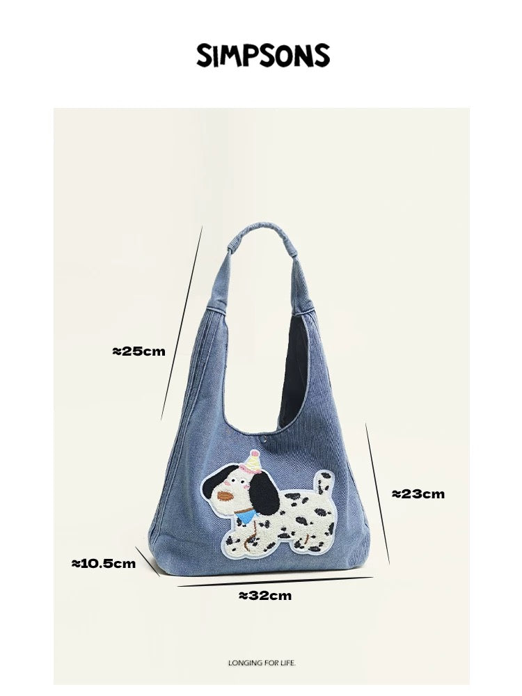 SIMP Spring/Summer Dark Denim Shoulder Bag with Cute Black Cat Design, Fun and Casual, Large Capacity Tote Bag