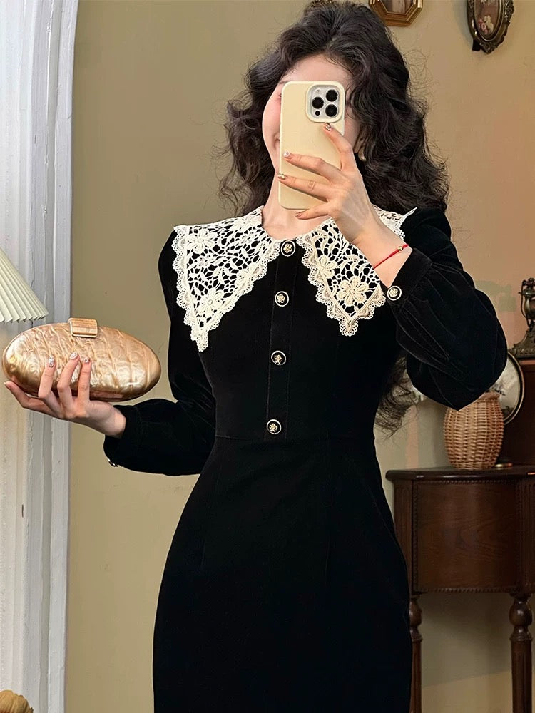 Mrs. Xiao's new autumn and winter long-sleeved retro lace collar spliced button fishtail skirt French light luxury dress for women