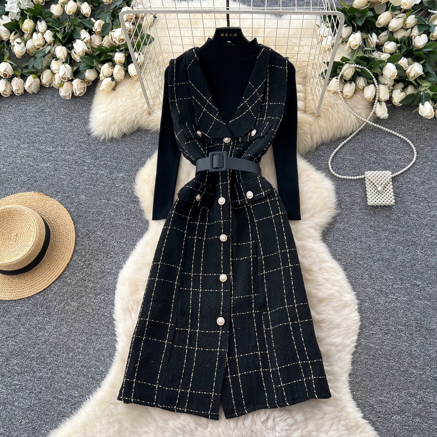 French style celebrity high-end plaid woolen sleeveless dress with high collar long sleeve knitted sweater suit for women autumn