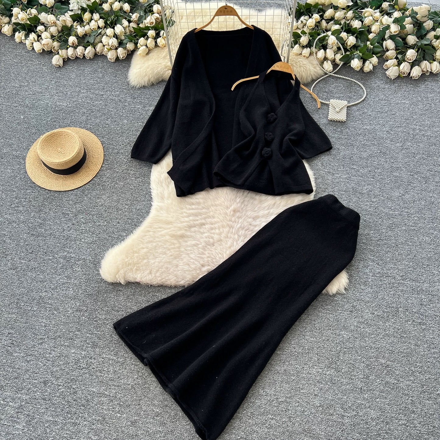 Minimalist Relaxed Knitted Suit for Women Winter Halter Sleeveless Vest + Long Sleeve Cardigan + High Waist Fishtail Skirt