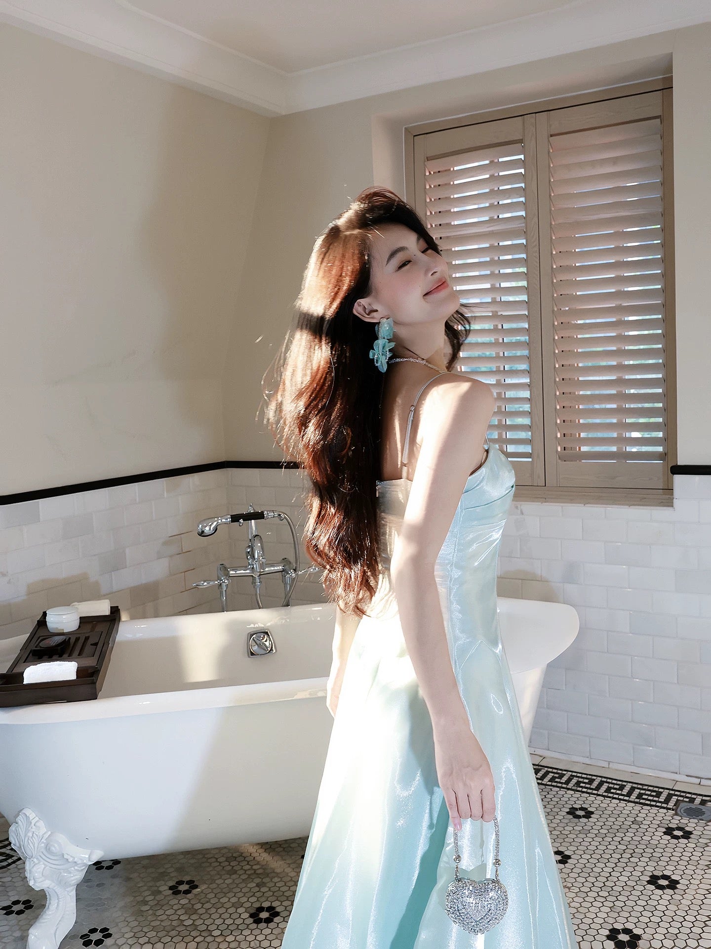 Good Job: 【Coastal Waves】French Chic Blue Spaghetti Strap Waist Fitted Full Skirt Dress for Women's Daywear