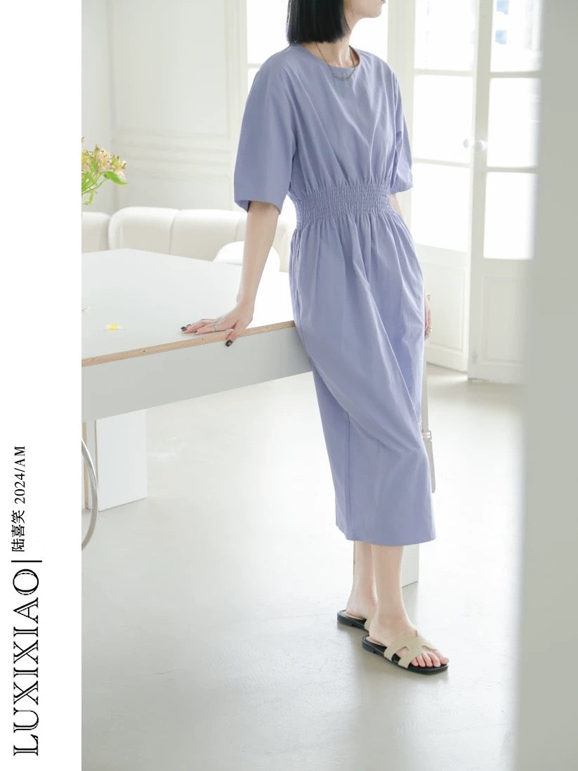 LUXIXIAO dress 2025 new style waist slit design Korean version short-sleeved round neck medium-length A-line skirt