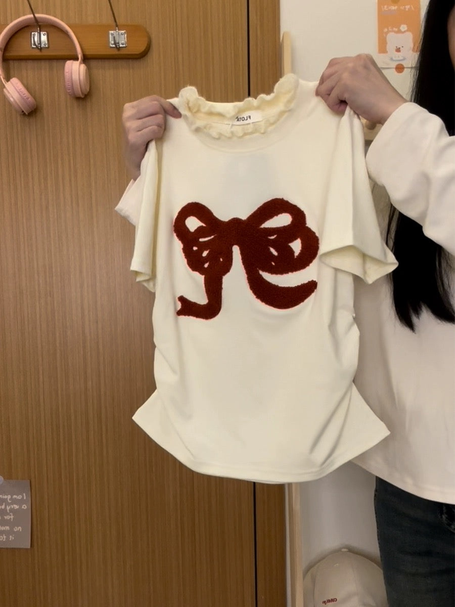 Cream Universe flocked bow lace front shoulder short-sleeved T-shirt female sweet girl non-waist short top new style