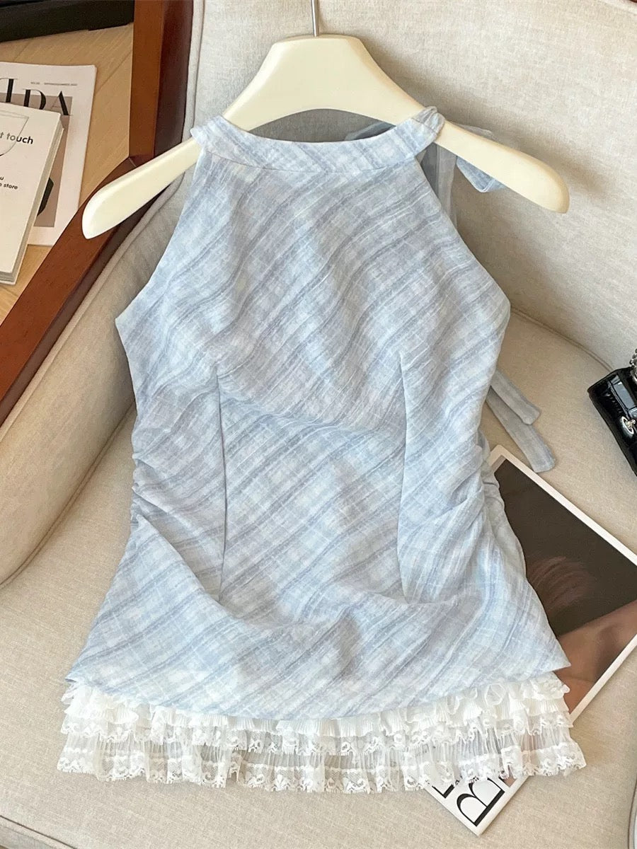Blue temperament splicing lace pleated sleeveless shirt female summer new style super white western-style plaid chiffon top