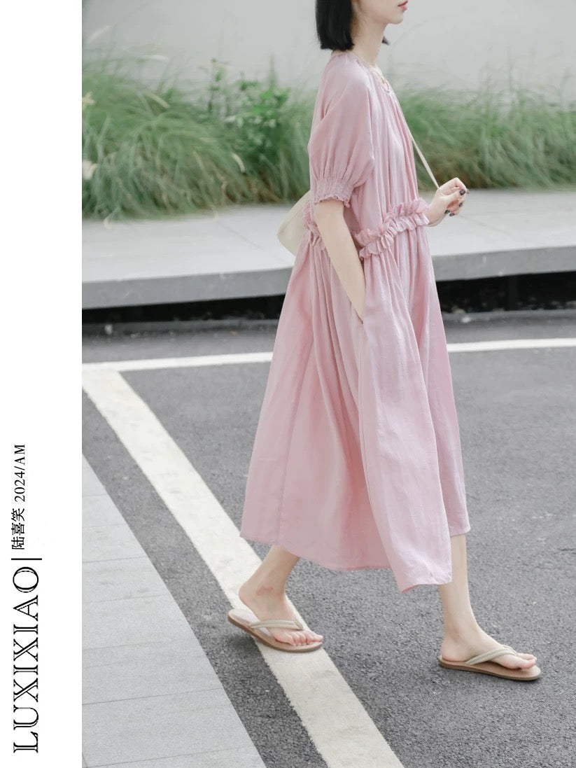 LUXIXIAO dress 2025 new loose puff sleeves bud design Korean version pullover round neck long dress for women