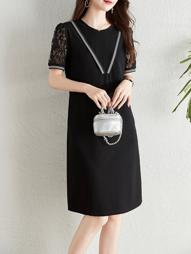 High-end lace splicing black dress for women summer 2024 new fat mm loose belly-covering slim casual skirt