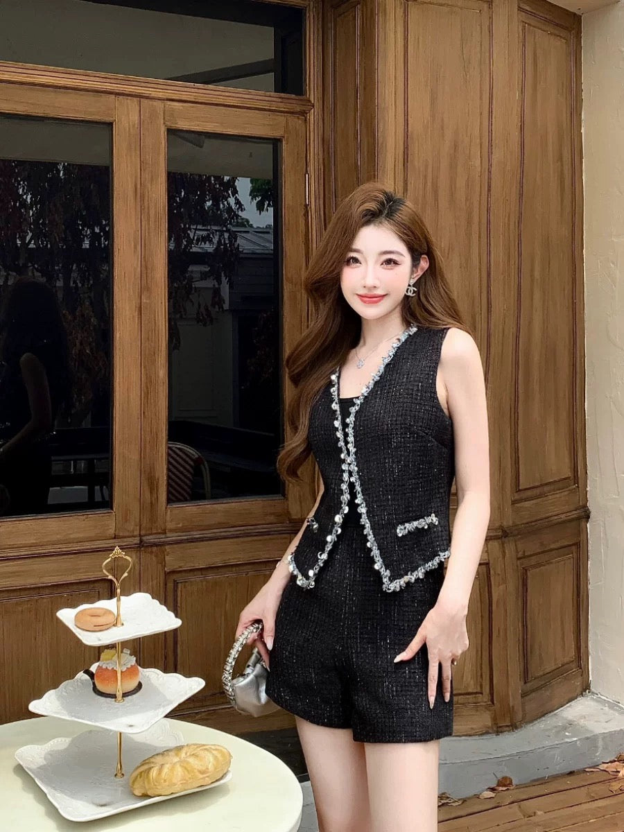 Shenzhen Nanyou Blue Heavy Industry Sequin Sleeveless Vest Top Qianjin Style Versatile Shorts Small Fragrance Style Suit Early Autumn