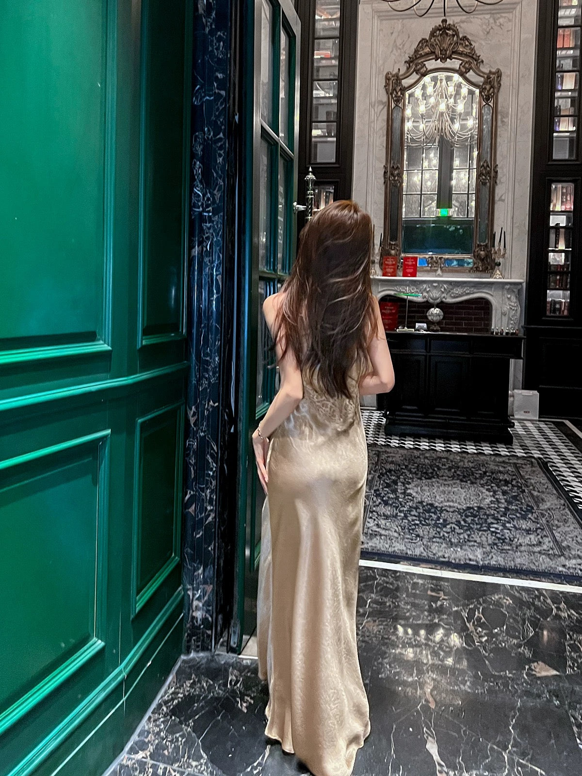 French style acetate satin slip dress for women, new summer 2026, elegant lace-trimmed bodycon fishtail maxi skirt.