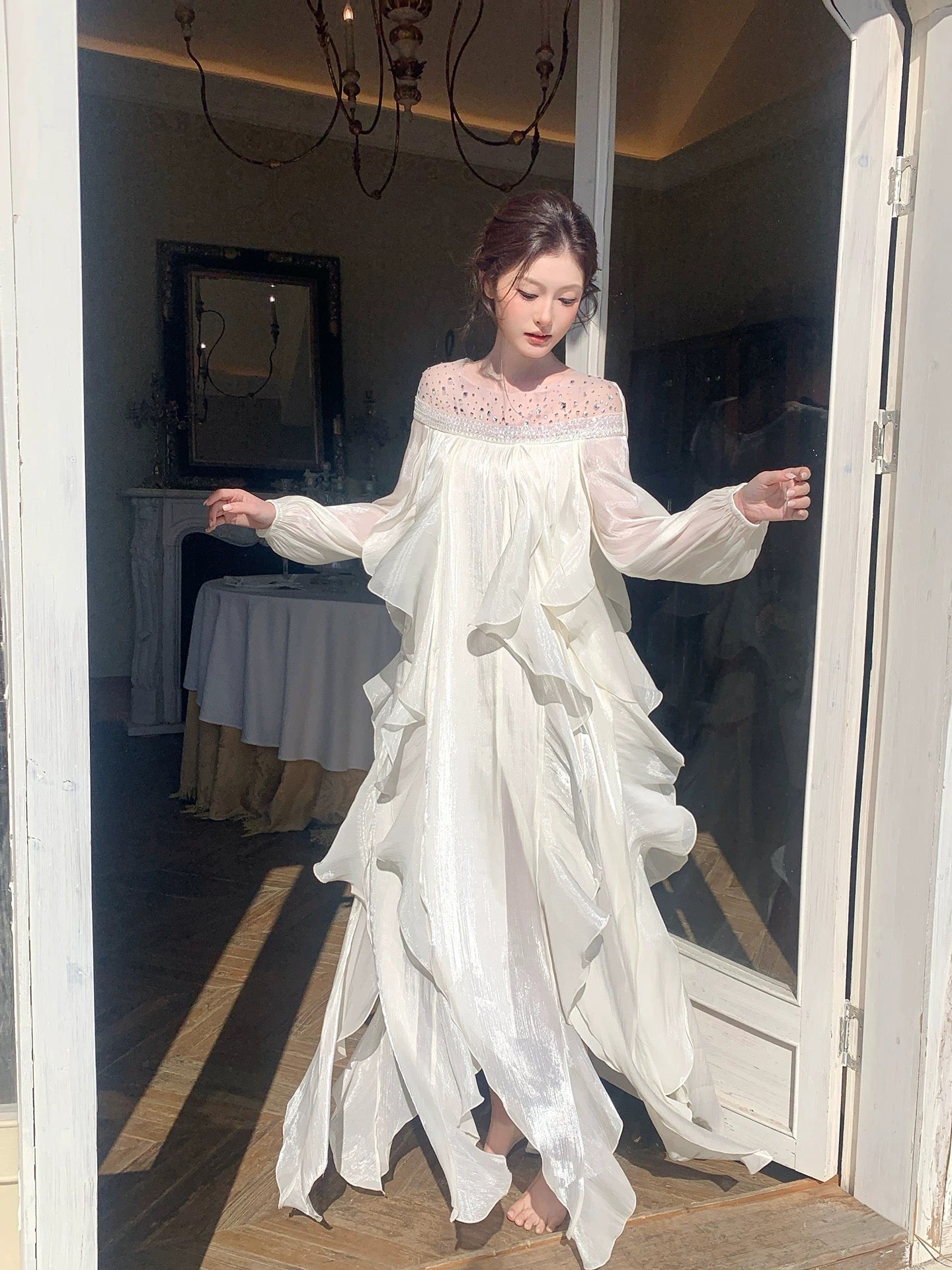 Good Job! 【Starry Sea Pearl】French Style Hot-Filmed Rhinestone Sequin Off-Shoulder Long-Sleeve Dress, Elegant Mesh Maxi Dress