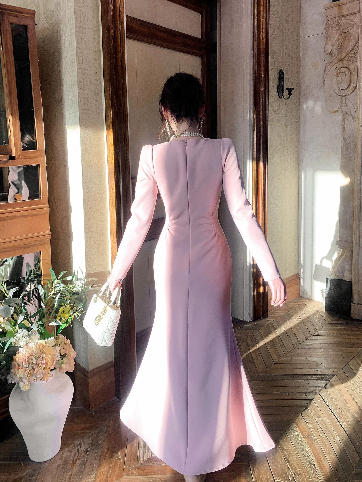 Good Job【Sweet Moon Goddess】French Pink Square Neck Elegant Dress Long Sleeve Bodycon Wedding Dress