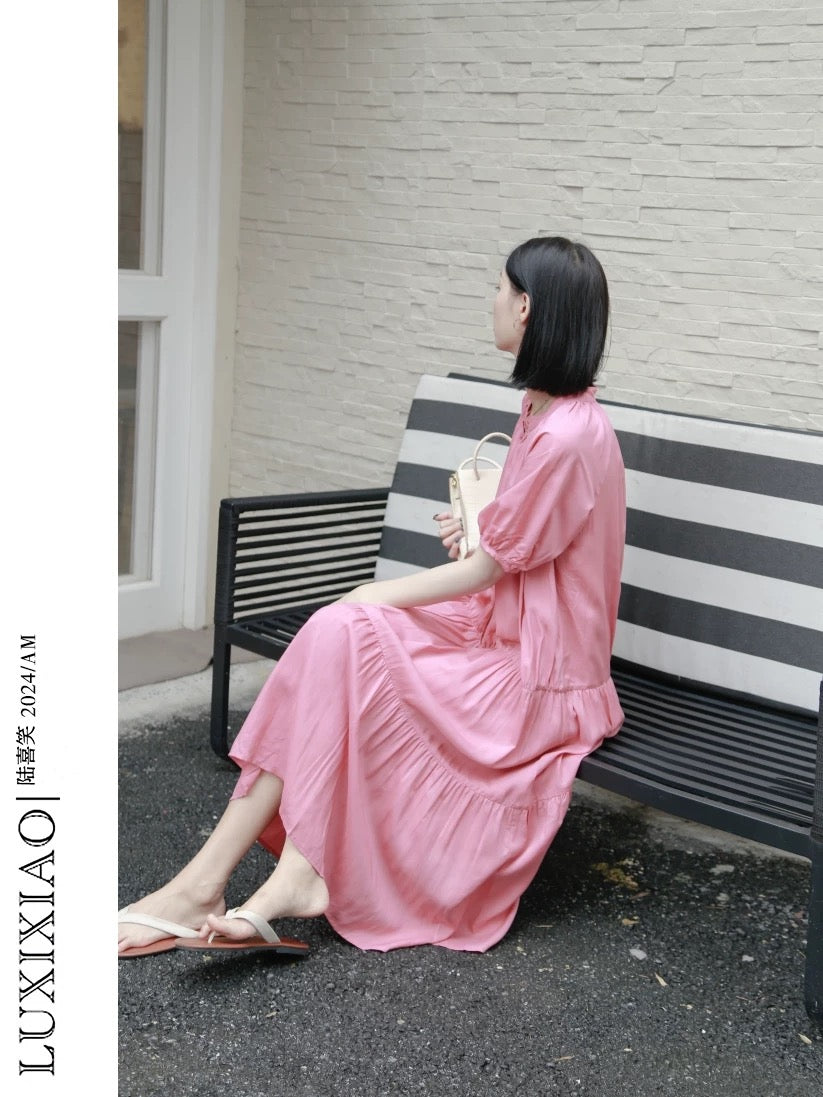 LUXIXIAO dress 2025 new loose round neck splicing pleated design Korean version short-sleeved shirt dress female