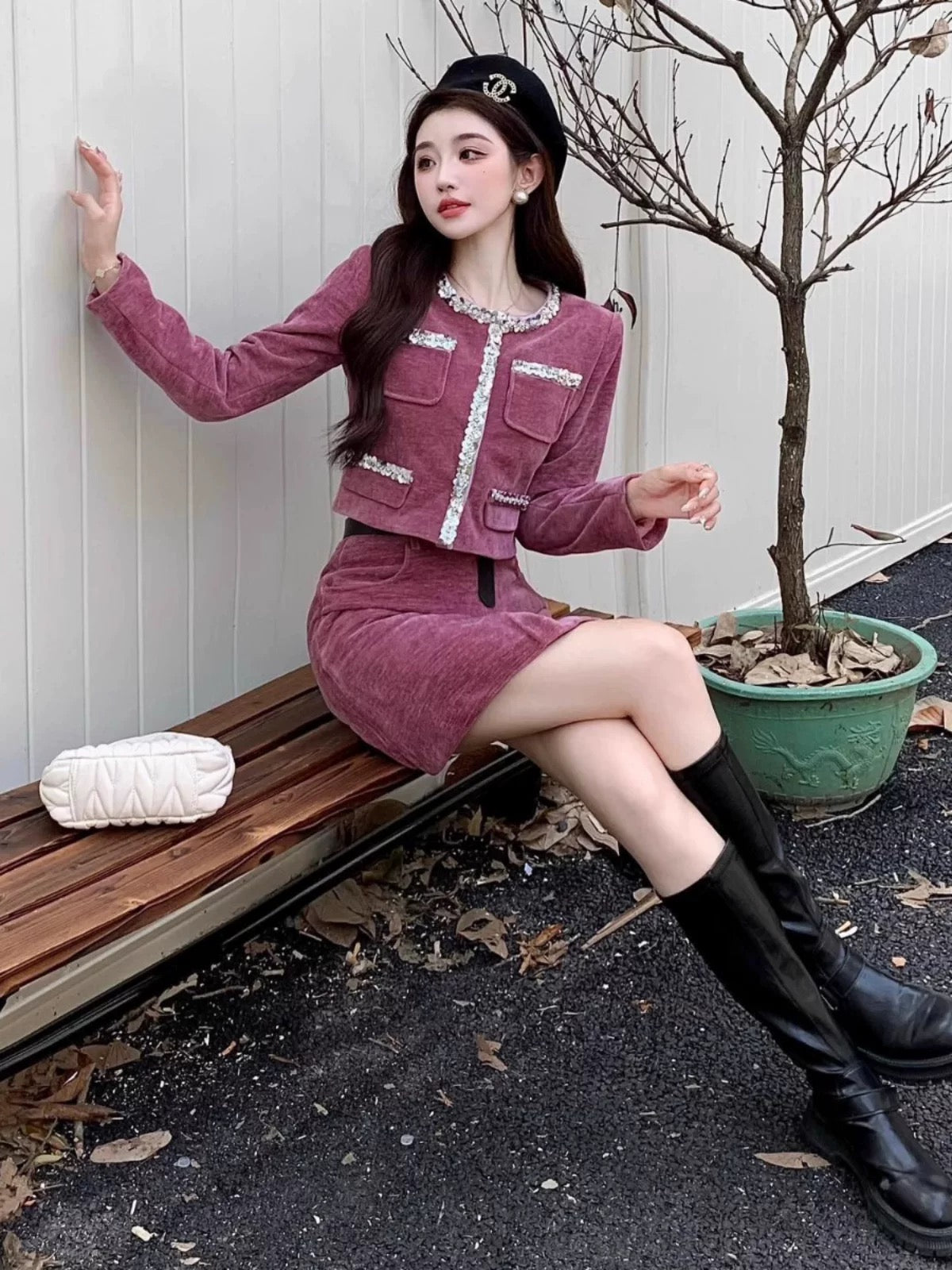 Nanyou light luxury niche designer style two-piece beaded short purple jacket and culottes suit with heroine temperament