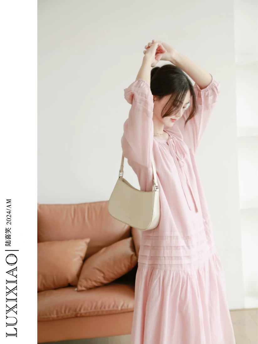 LUXIXIAO dress 2025 new loose slim round neck design summer Korean version of three-quarter sleeve princess dress