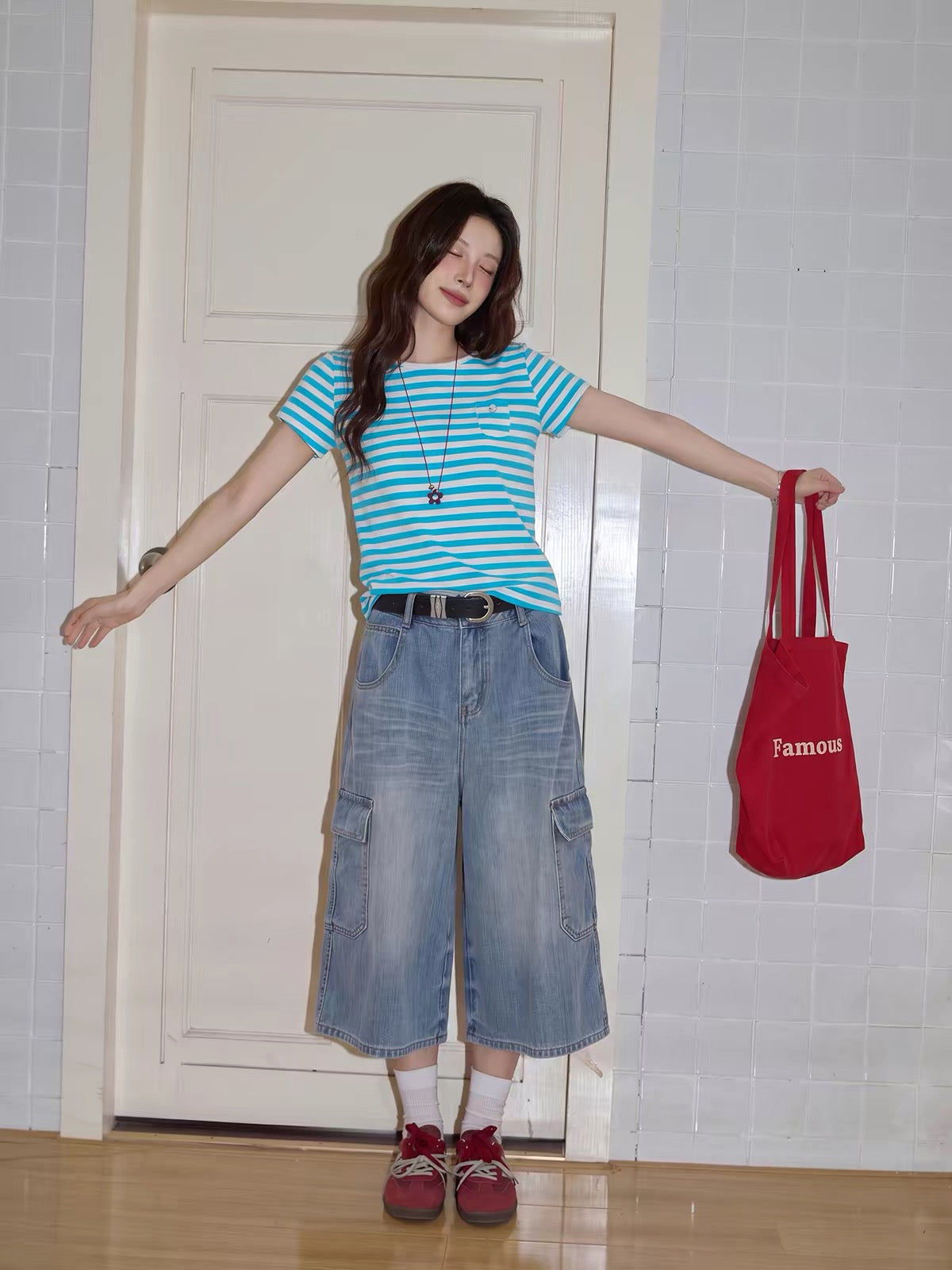 Chaochaojia Women's Blue Washed Utility-Style Cropped Jeans – Summer Casual High-Waisted Loose Wide-Leg Mid-Length Denim Pants (Model 2026)