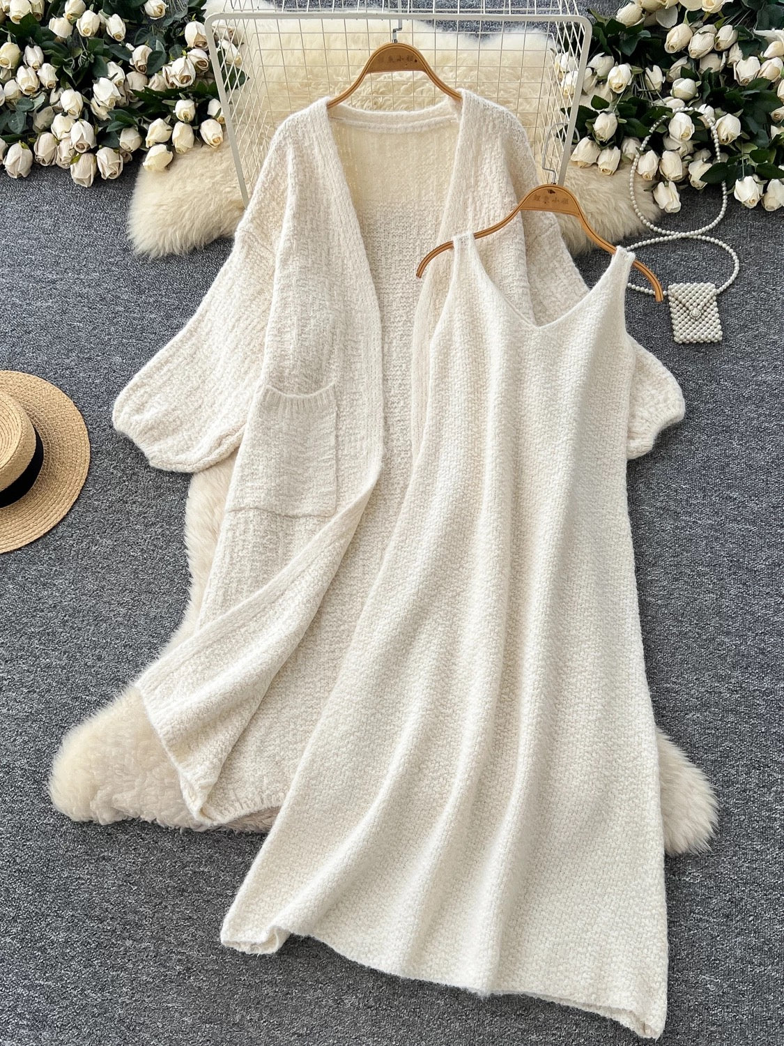 Lazy style sweater suit for women autumn loose outer wear mid-length knitted coat inner suspender dress suit