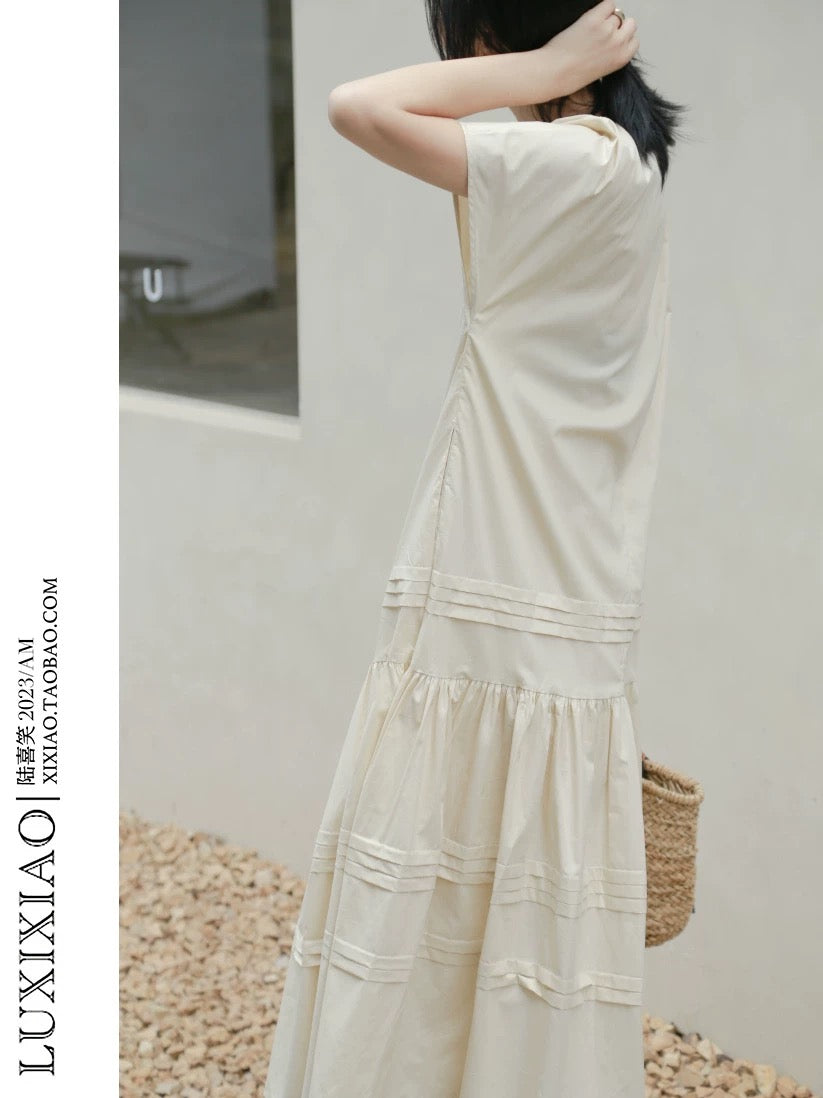 LUXIXIAO dress 2025 new loose shoulder sleeve pleated design Korean version of the round neck shirt dress
