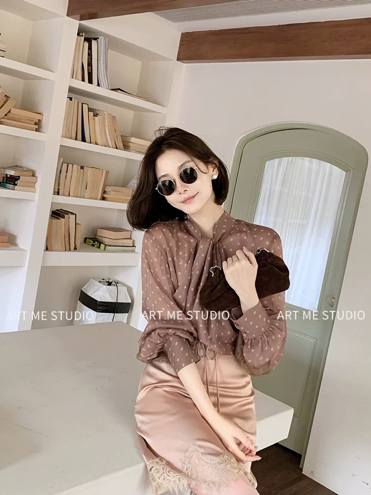 ARTME Guagua Pure and Delicate Polka Dot Lace Patchwork Shirt for Women, Springtime Feel, Inner Layer Camisole Top
