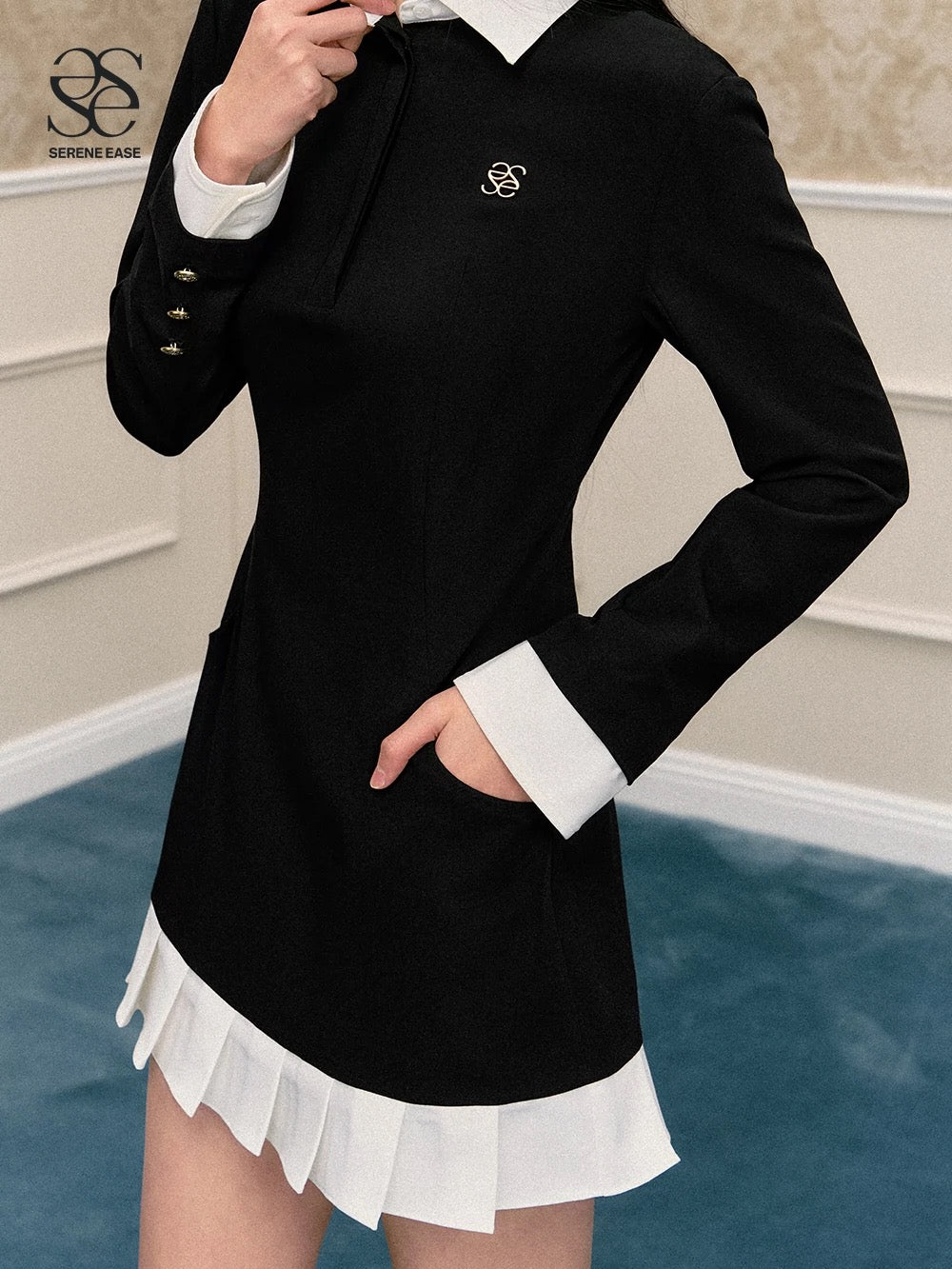 SereneEase American retro college style fake two-piece dress niche design black and white contrast A-line skirt
