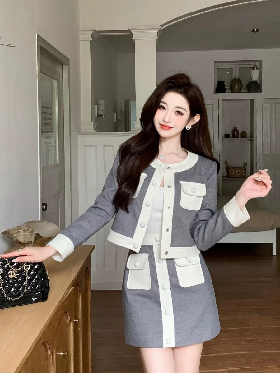 Shenzhen Nanyou designer style small fragrant style contrasting jacket street top A-line short skirt small British suit