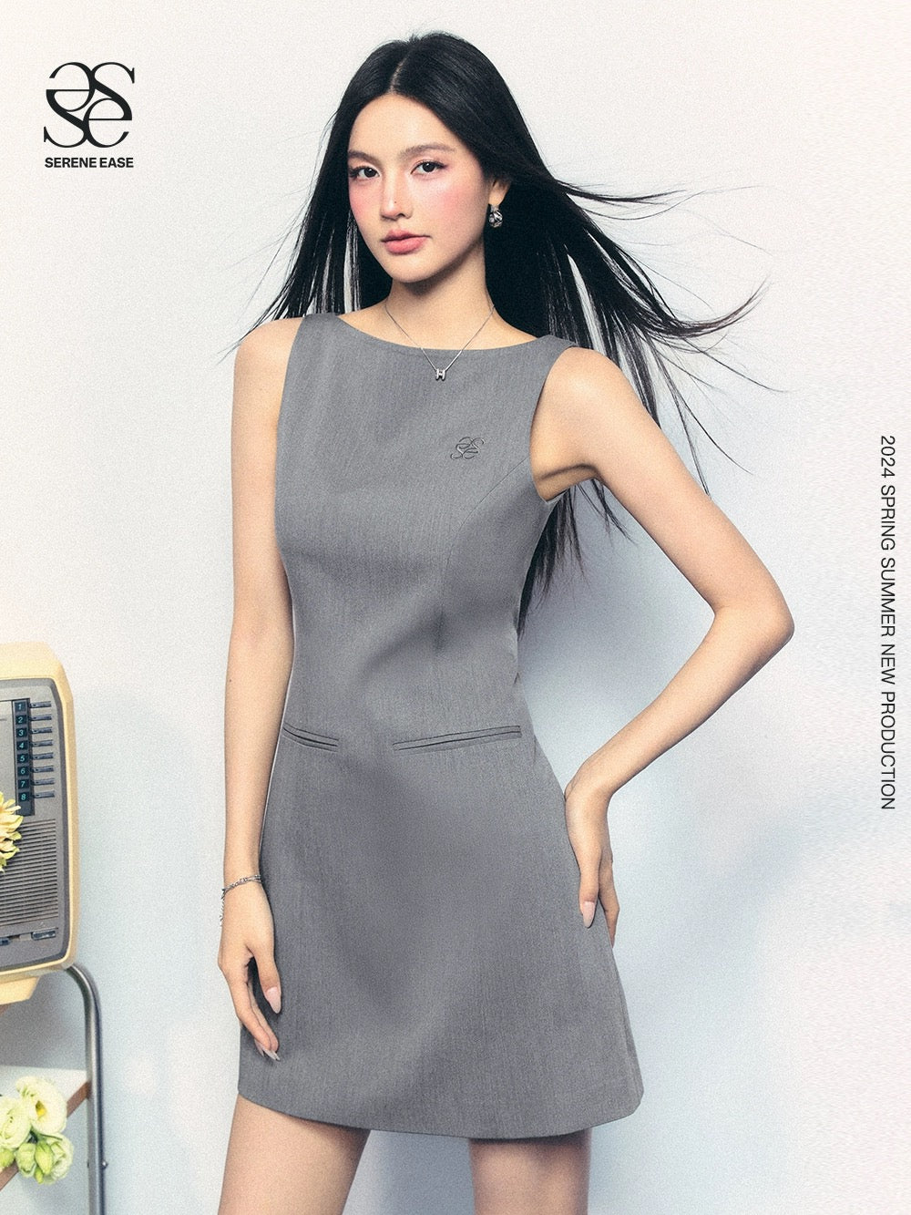 SereneEase original design gray sleeveless waist slimming hot girl embroidered one-line collar French skirt