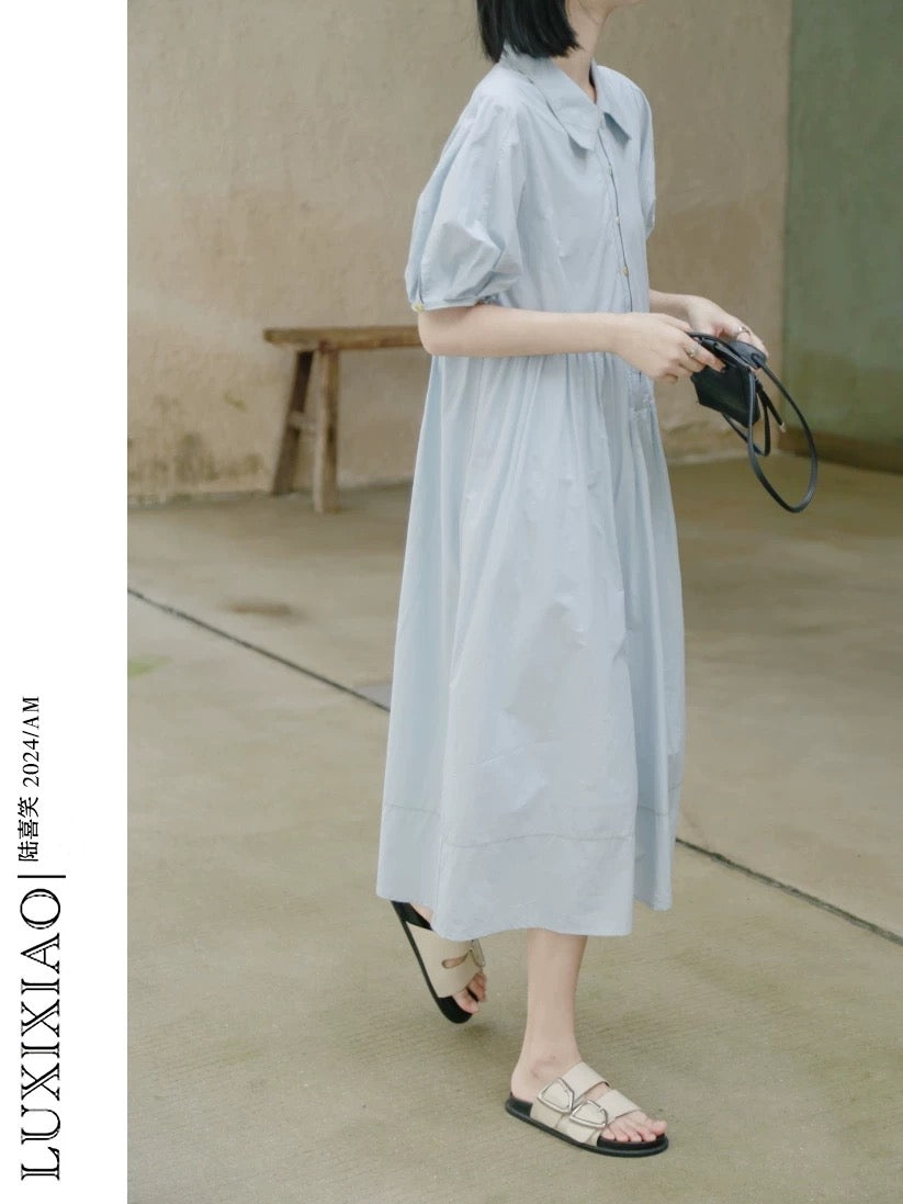 LUXIXIAO dress 2025 new loose slim bubble sleeve design Korean version POLO collar shirt dress female