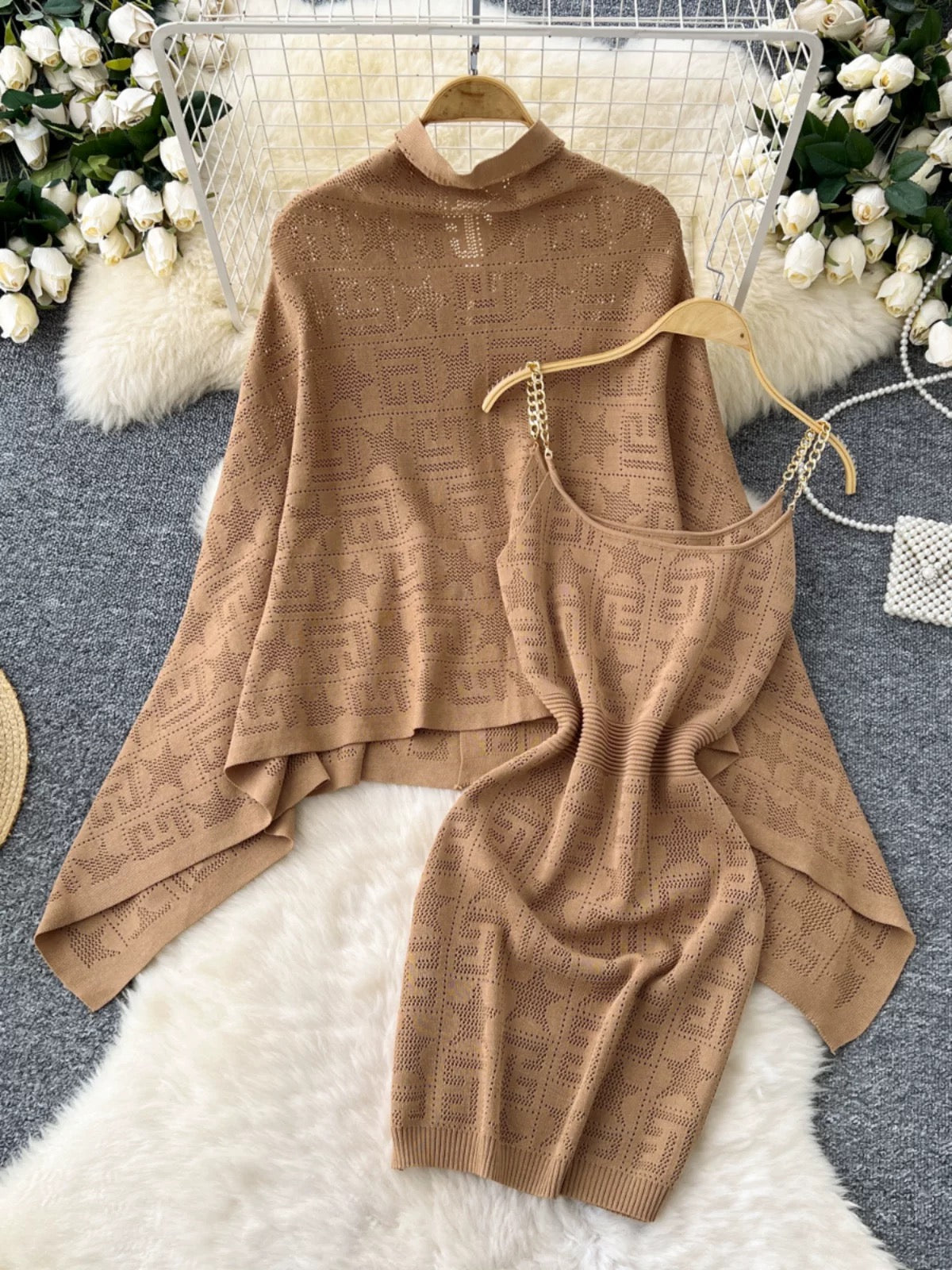 Celebrity lady suit women's loose irregular knitted cape knitted cardigan jacket + chain suspender dress