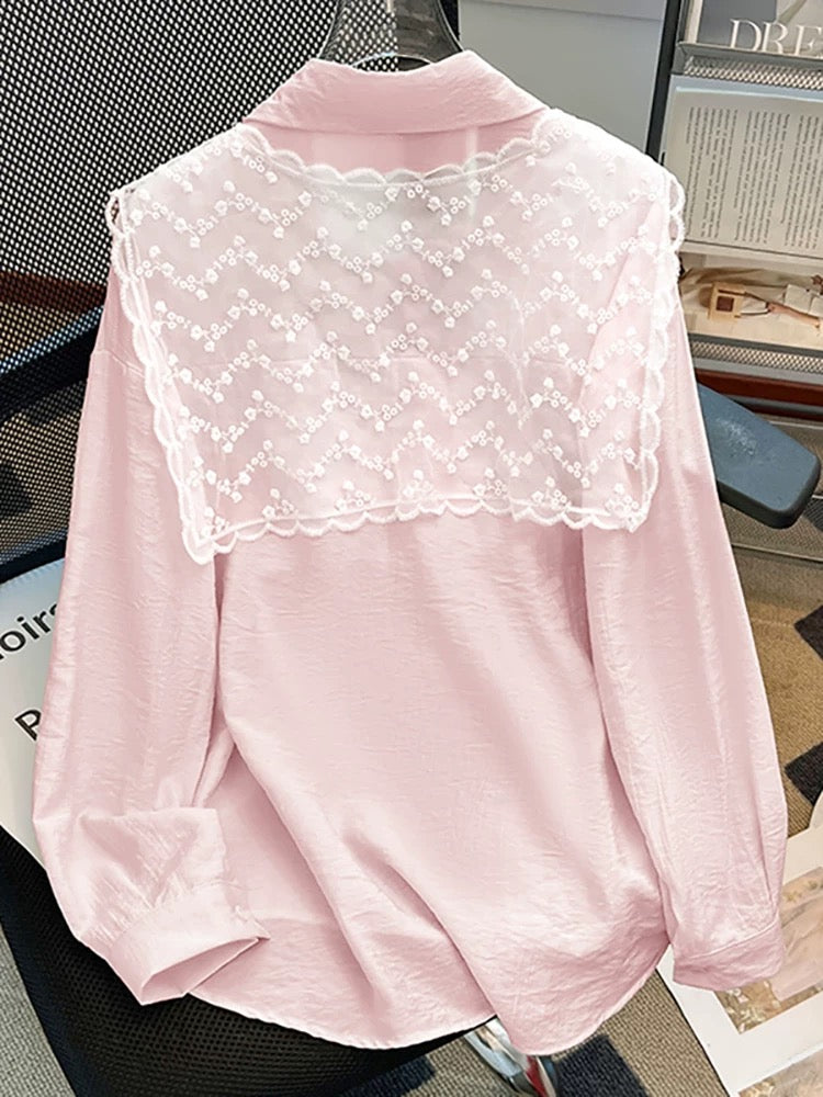 Clearance sale~ Polo collar lace shawl long-sleeved shirt for women 2025 spring new design loose top