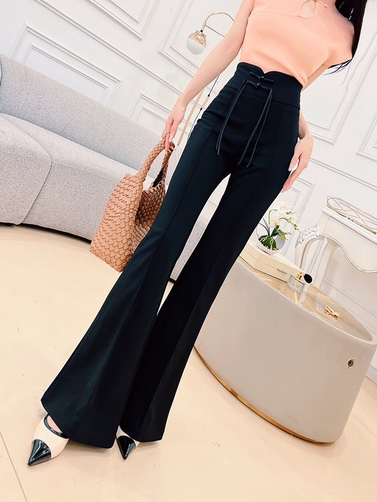 Feijie's custom-designed Chinese-style buckle high-waisted flared trousers for women in spring and autumn new style commuting slim flared trousers
