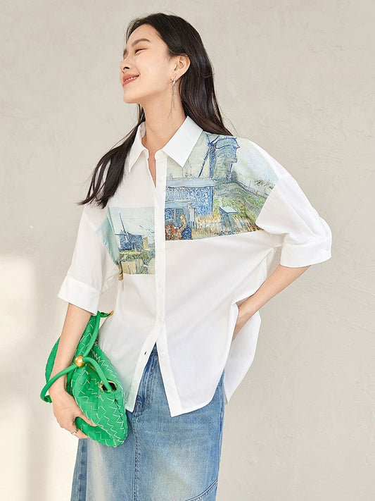Vincent Van Gogh co-branded dialogue positioning printed shirt women's 2024 summer new design short-sleeved top
