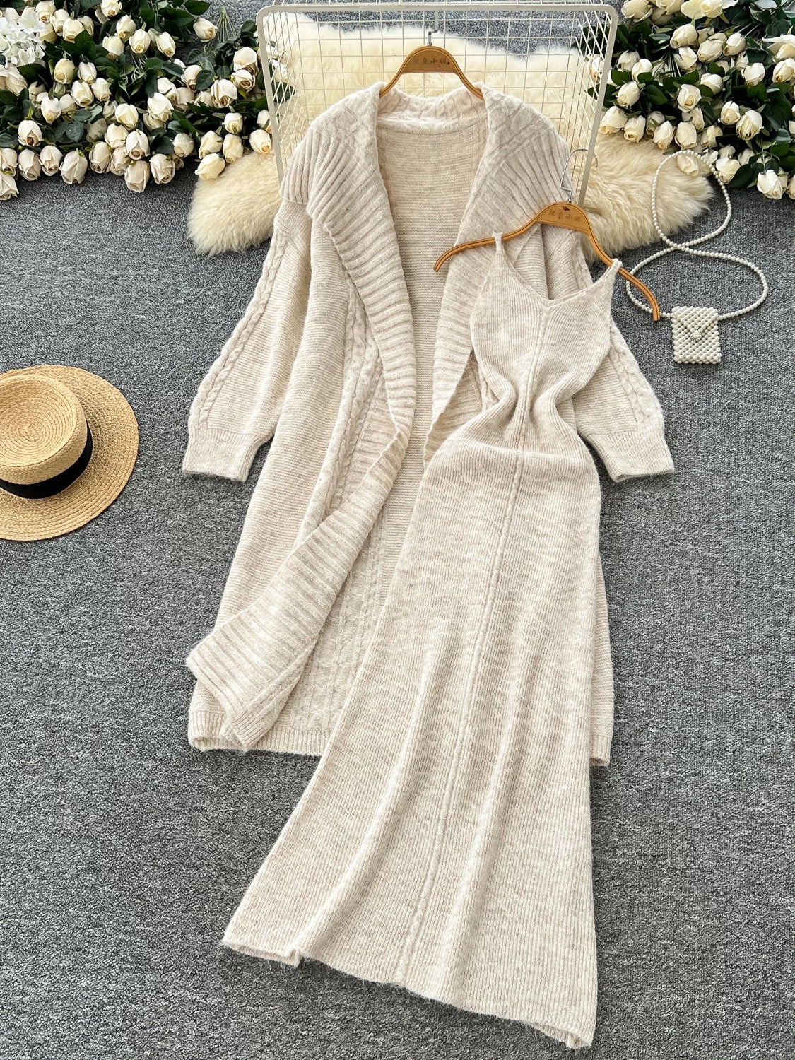 Lazy style loose large lapel mid-length knitted cardigan coat women's autumn waist suspender sweater dress