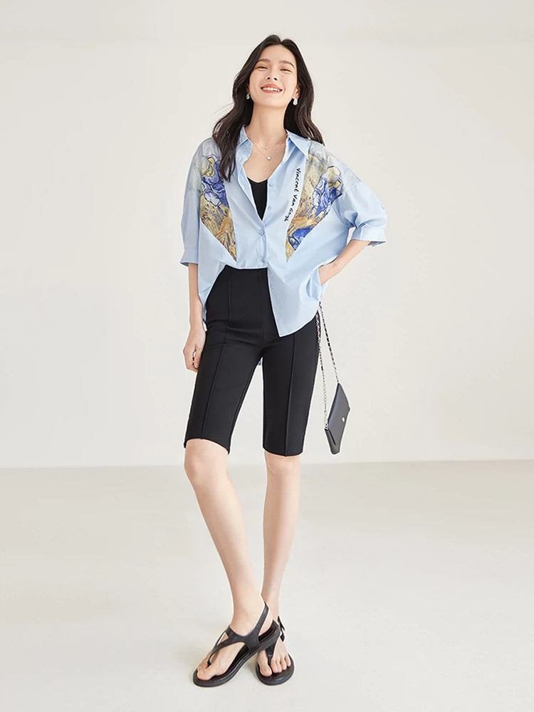 Vincent Van Gogh co-branded dialogue literary print short-sleeved shirt for women summer 2024 new loose casual top