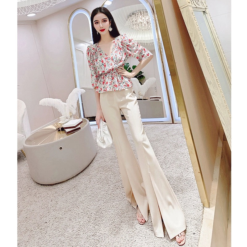 Fashionable and Western Style Drapey Slit Flare Pants Women's Spring Clothes 2024 New Korean Style High Waist Slim Slim Casual Pants