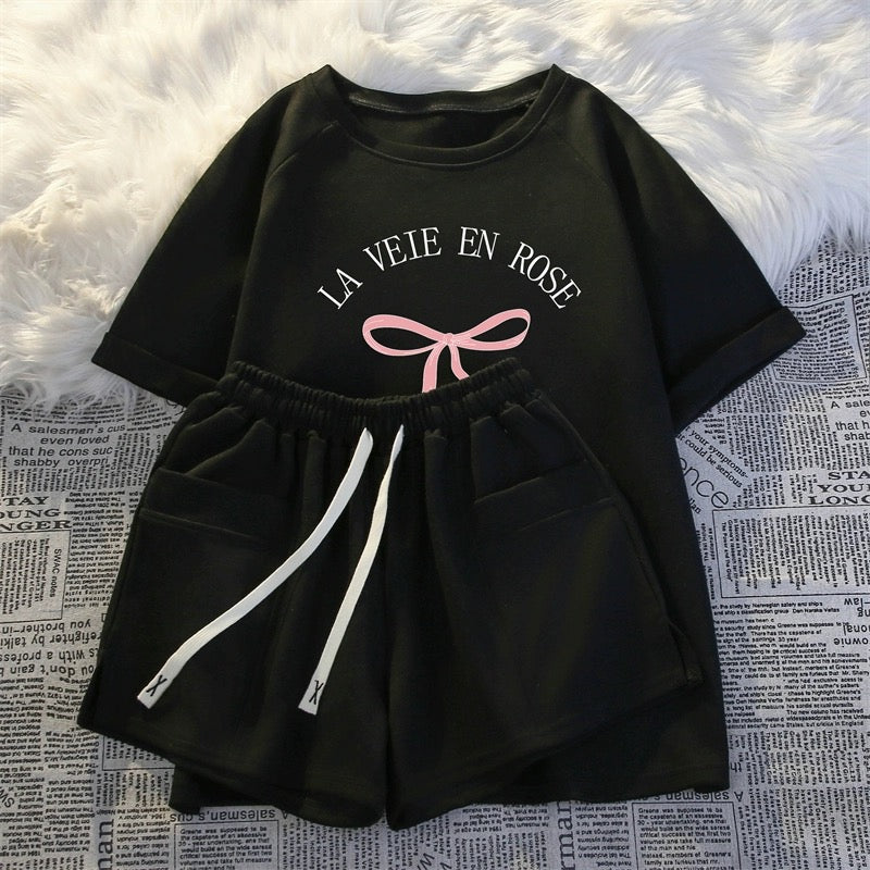 Short-sleeved shorts casual two-piece suit for women summer new thin fashionable age-reducing small man running sportswear loose