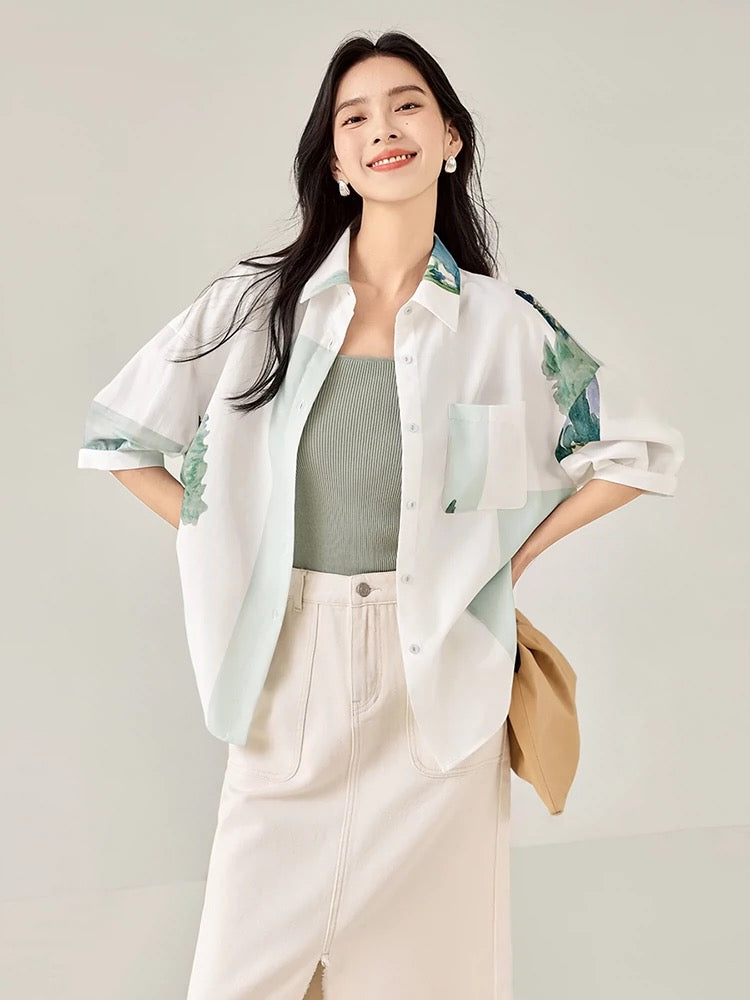 Dialogue x Kay Levine joint white printed short-sleeved shirt women's summer 2024 new design loose top